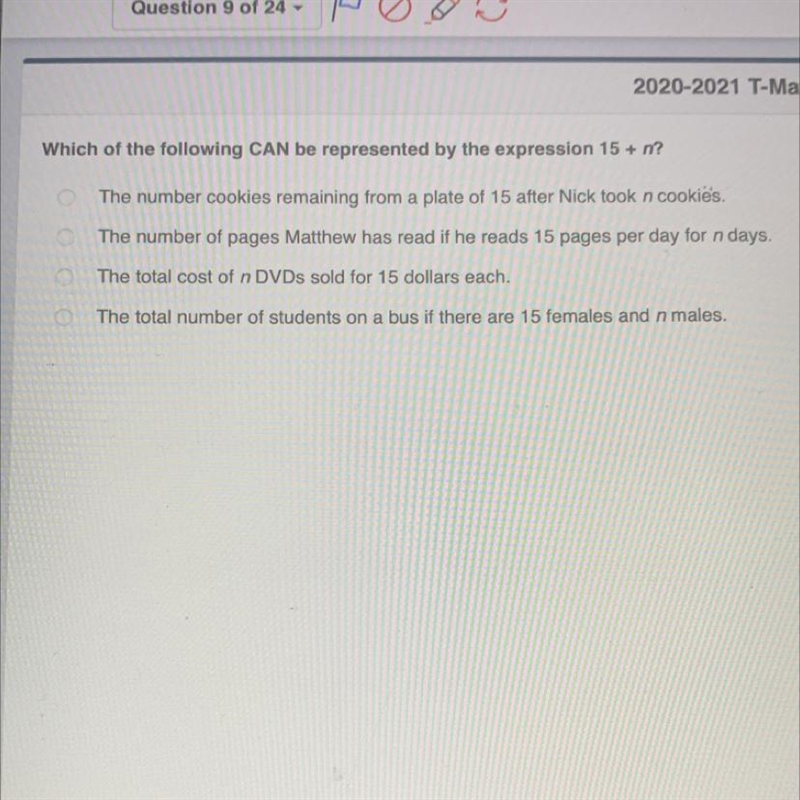 Which of the following CAN be represented by the expression 15 + n? The number cookies-example-1