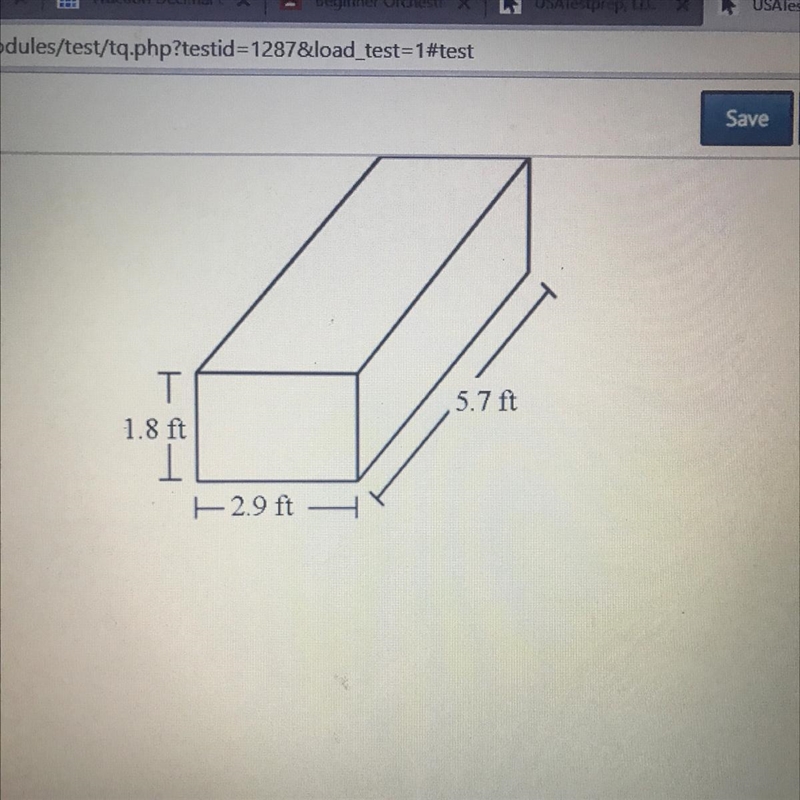 5.7 ft 1.8 ft 2.9 ft Estimate the volume A) 11 ft3 B) 12 743 30 ft D 36ft3-example-1