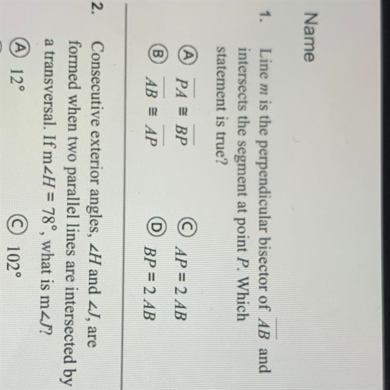 Name 4. Banl two Line m is the perpendicular bisector of AB and intersects the segment-example-1