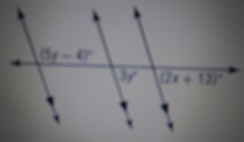 Solve for x and y: (4 points) Y:____ X:____ (5y-4)degrees 3y(degrees) (2x+13)(degrees-example-1