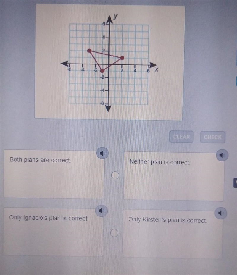 Ignacio and Kirsten want to find out if the triangle formed by connecting (-1,-1). (-3,2), and-example-1