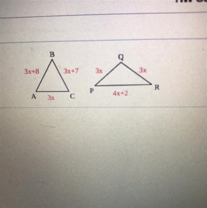 The perimeters of the triangles shown are equal.Find the side length of each triangle-example-1