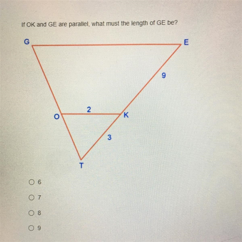 If OK and GE are parallel, what must the length of GE be?-example-1