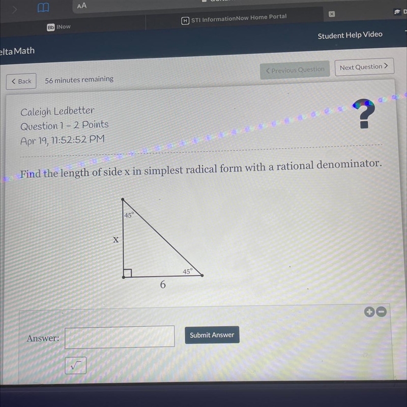 Find the length of side X in simplest radical form with a rational denominator-example-1