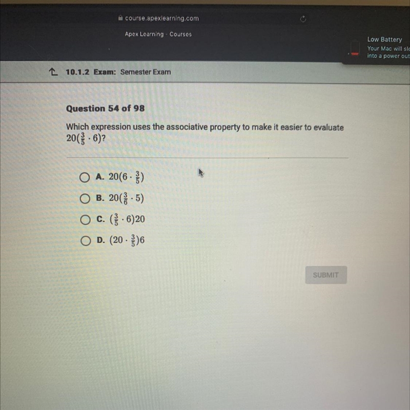 Question 54 of 98 Which expression uses the associative property to make it easier-example-1