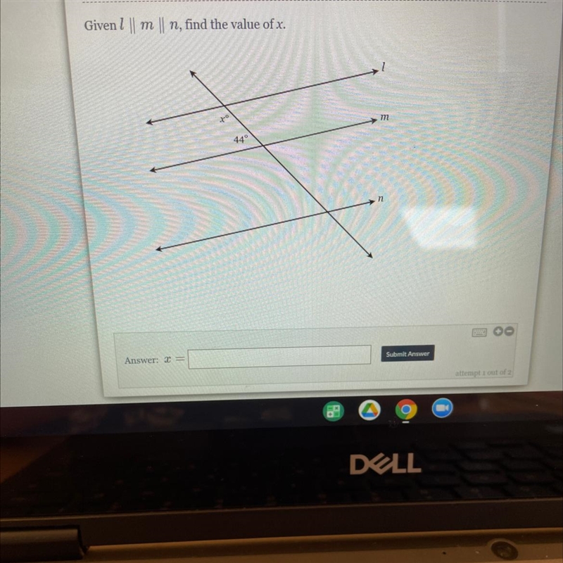 Givenl || m | n, find the value of x. . m 44° 77 By Answer: 0 Submit Answer attempt-example-1