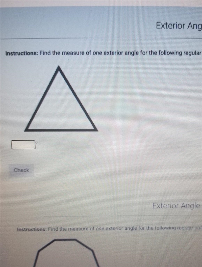 Find the measure of one exterior angle for the following regular polygon ​-example-1