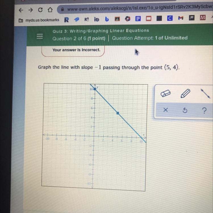 Graph the line with the slope -1 passing through the point (5,4)-example-1