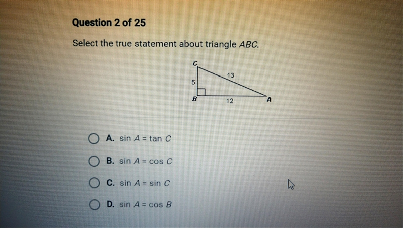 Select the true statement about Triangle ABC.-example-1