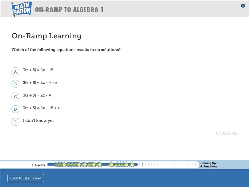 Which of the following equations results in no solutions?-example-1