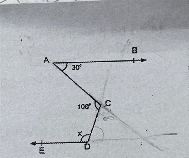 AB//DE; BAC = 30 degrees; ACD = 100 degrees; CDE=? pls guys helppppppp-example-1