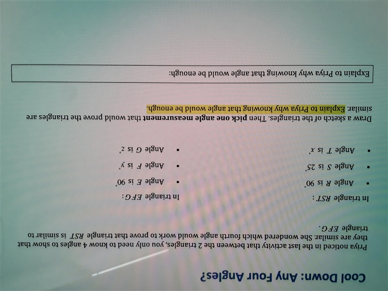 For Geometry: explain why Angle- Angle Troangle Similarity Theorem works-example-1