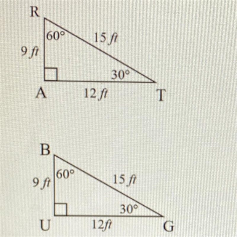 Are triangle RAT and triangle BUG congruent, similar, or neither? Explain your reasoning-example-1