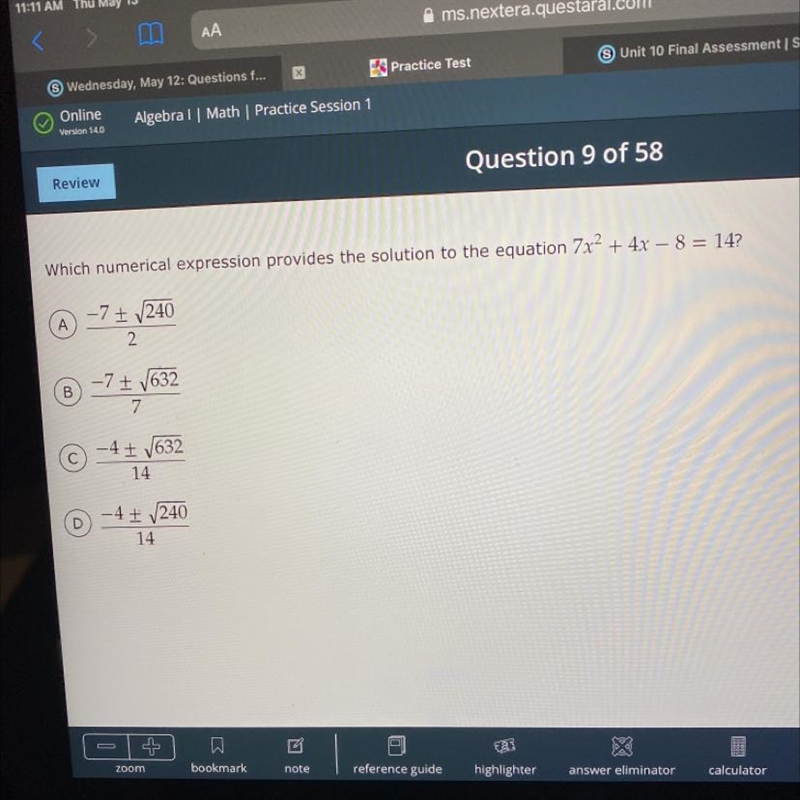 Which numerical expression provides the solution to the equation 7x2 + 4x – 8 = 14?-example-1