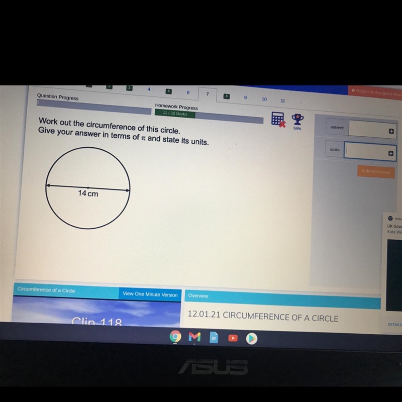 Work our the circumference of this circle give your answer in terms of pie and state-example-1