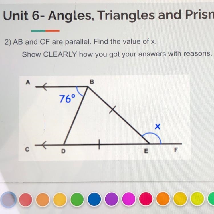 AB and CF are parallel find x Show CLEARLY how you got your answers with reasons-example-1