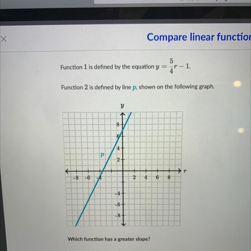 PLEASE PLEASE PLEASE HELP ME!!! Which function has a greater slope? A. Function 1 B-example-1