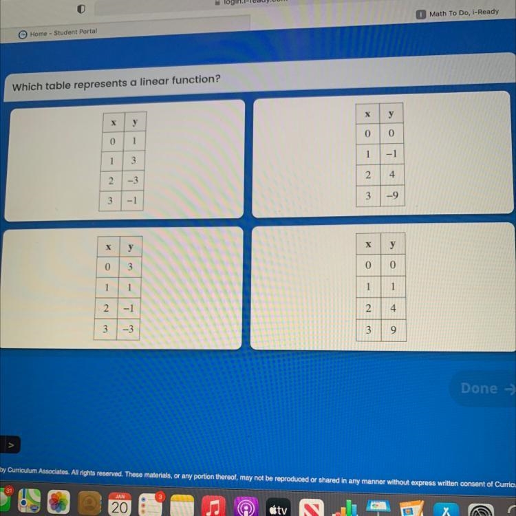 Which table represents a linear function-example-1