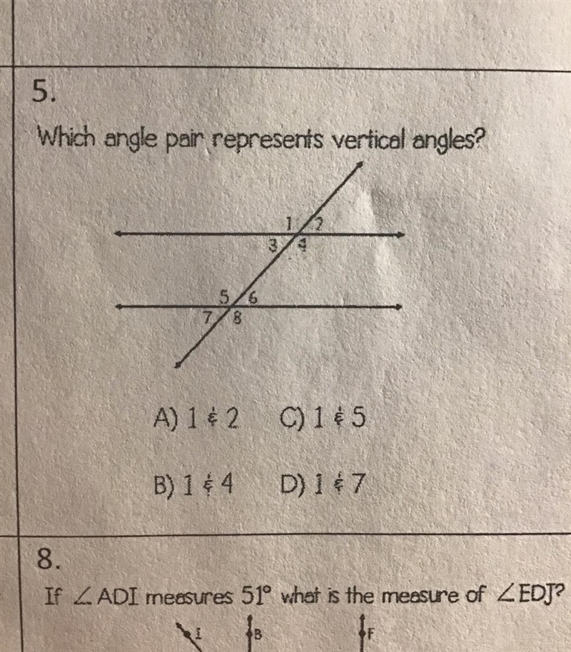 Which angle pair represents vertical angles-example-1