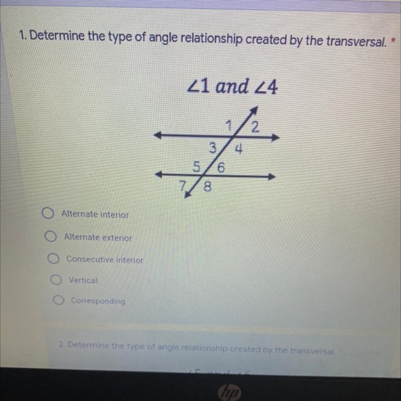 Determine the type of angle relationship created by the transversal. *-example-1