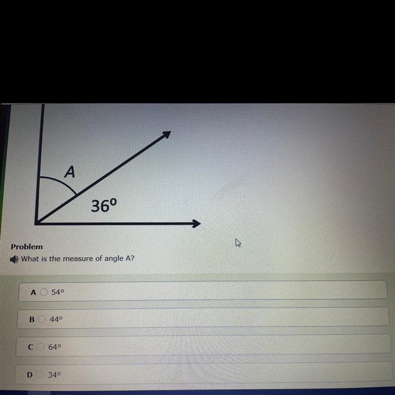 What is the measure of angle A? A54 B 44 C64 D34-example-1