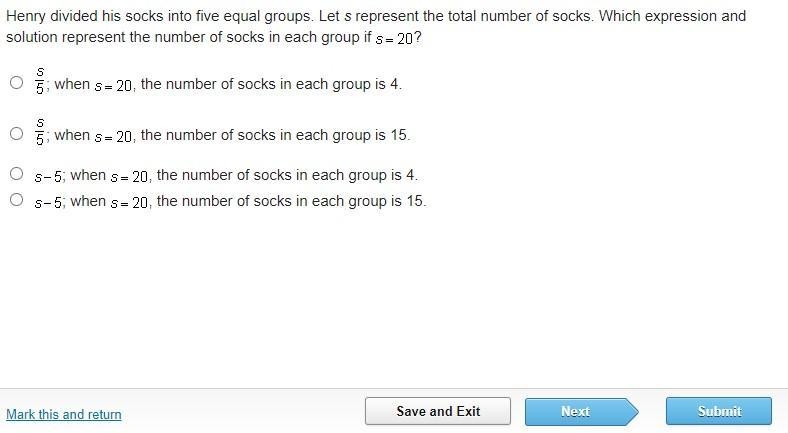 Henry divided his socks into five equal groups. Let s represent the total number of-example-1