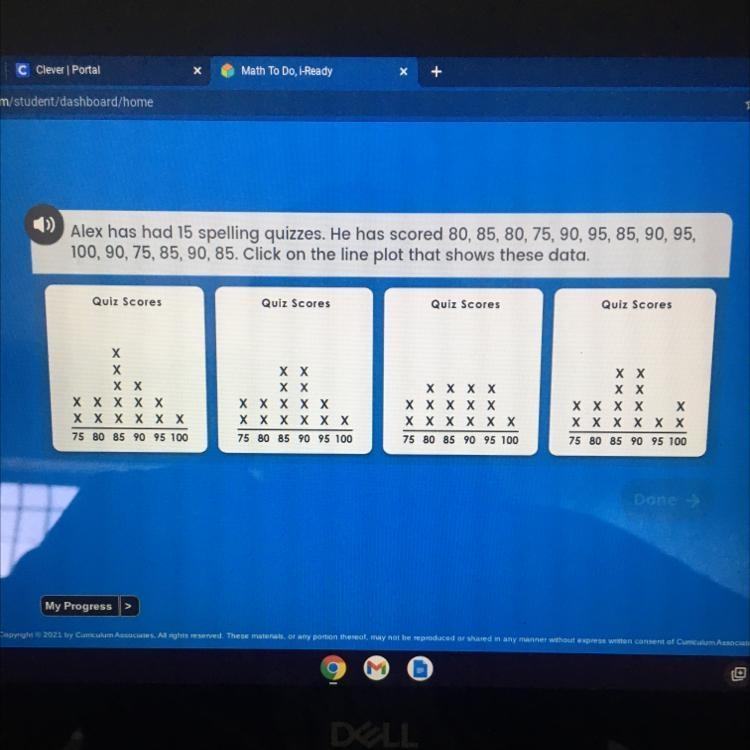 Alex has had 15 spelling quizzes. He has scored 80, 85, 80, 75, 90, 95, 85, 90, 95, 100, 90, 75, 85, 90, 85. Click-example-1