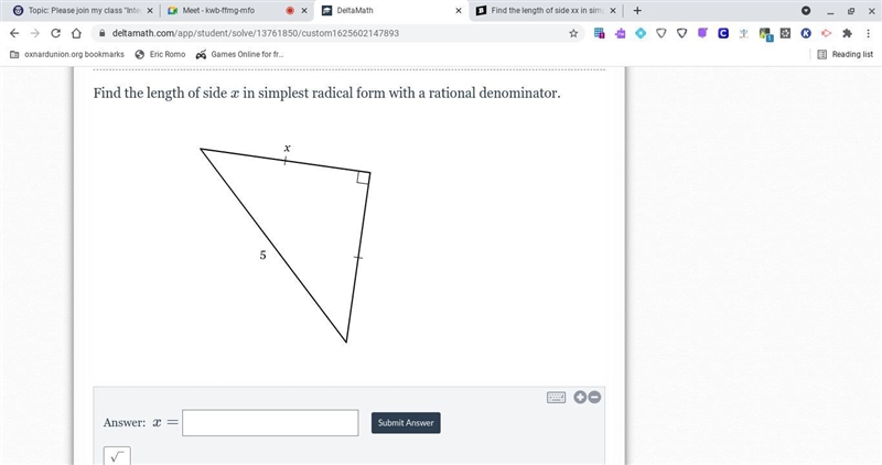 Find the length of side xx in simplest radical form with a rational denominator.-example-1