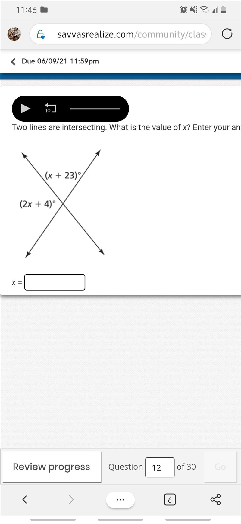 Two lines are intersecting. What is the value of x? Enter your answer in the box. Two-example-1