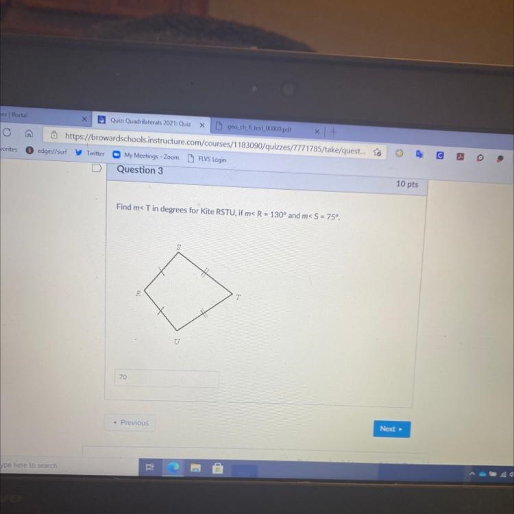 Find m< Tin degrees for Kite RSTU, if m< R = 130° and m< S = 75°.-example-1