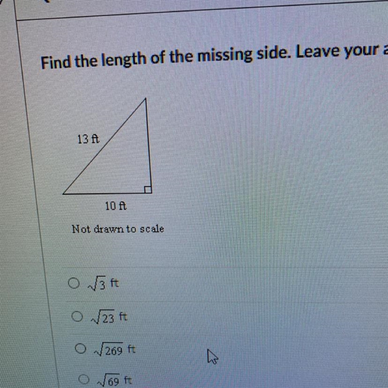 Find the length of the missing side leave in simplest radical form-example-1