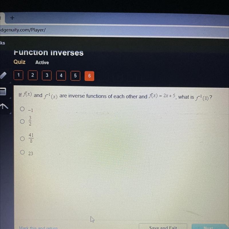 If fx) and f^-1(x) and inverse functions of each other and f(x) =2x+5, what is f^-1(8)? O-example-1