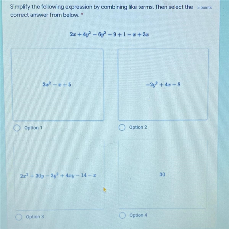 2x+4y²-6y² -9+1-x+3x Options 1,2,3 or 4?-example-1