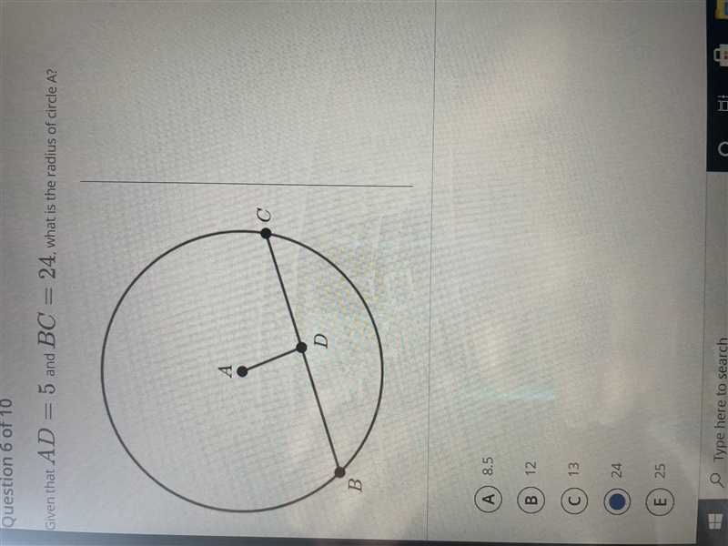 GIVEN THAT AD = 5 and BC = 24, what is the radius of circle A?-example-1