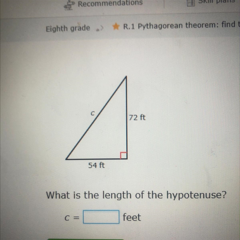 C 72 ft 54 ft What is the length of the hypotenuse? C = feet-example-1