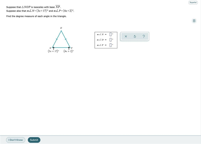 Suppose that NOP is isosceles with base. Suppose also that and. Find the degree measure-example-1