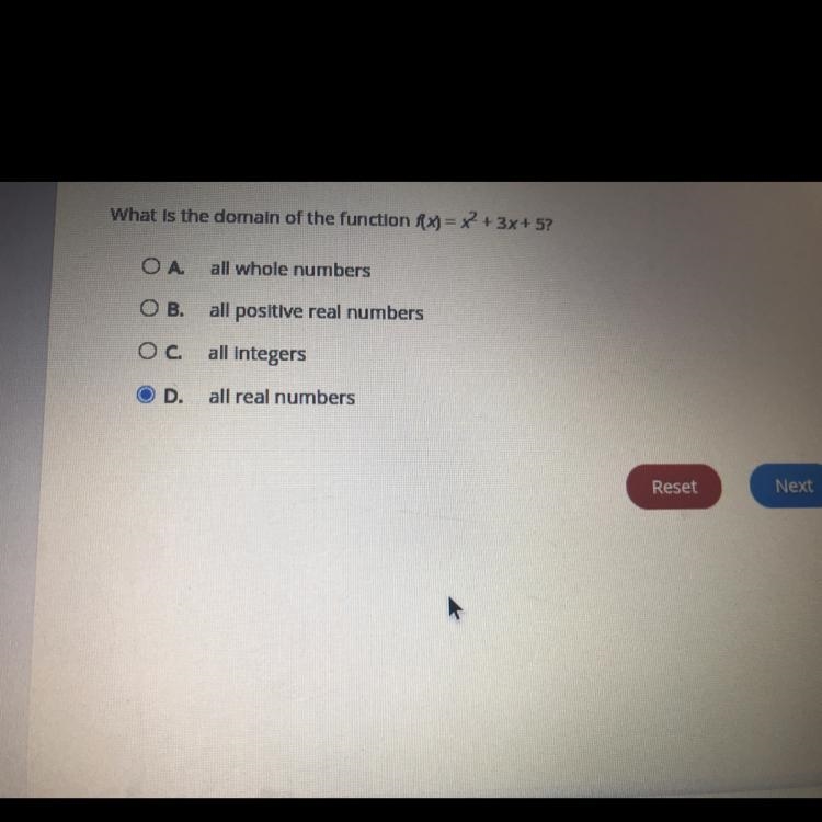 What is the domain of the function RX) = x2 + 3x + 5? OA all whole numbers OB. all-example-1