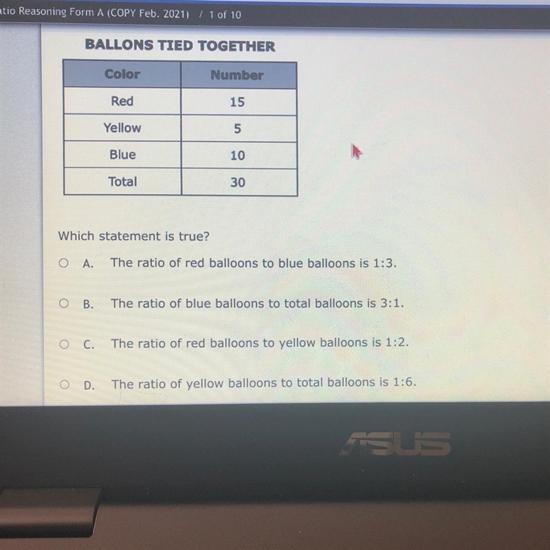 Red balloons is 15 blue balloons is 10 what is the ratio of red to blue-example-1