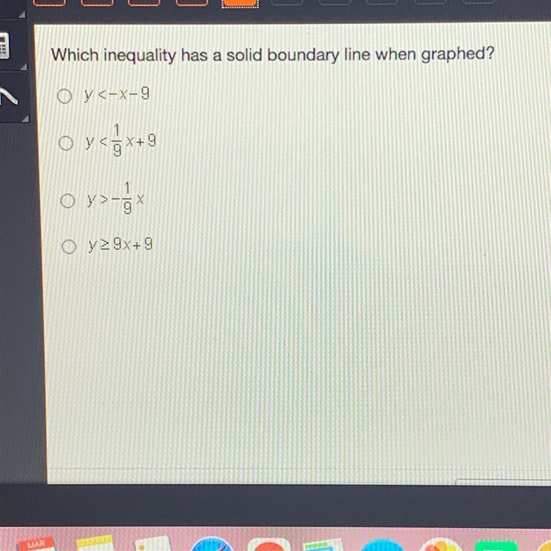 Which inequality has a solid boundary line when graphed?-example-1