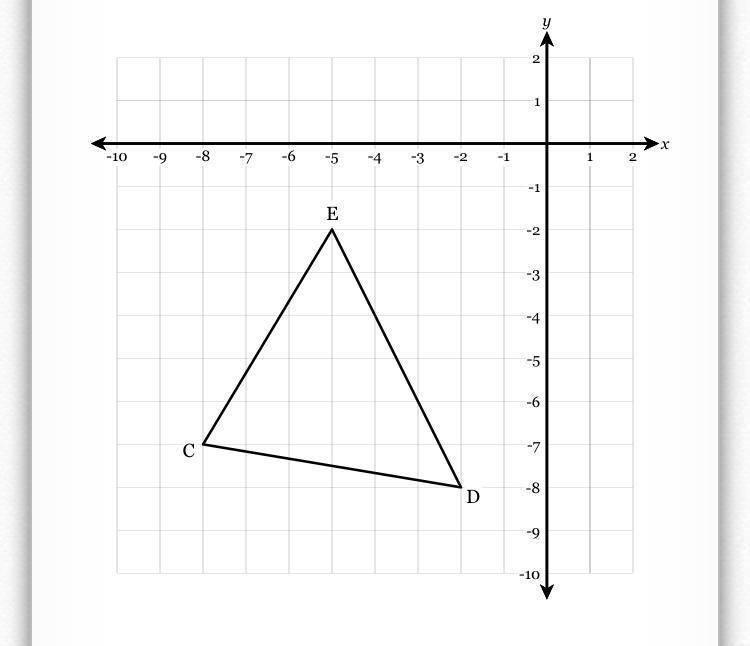 Triangle CDE, with vertices C(-8,-7), D(-2,-8) and E(-5,-2), is drawn on the coordinate-example-1