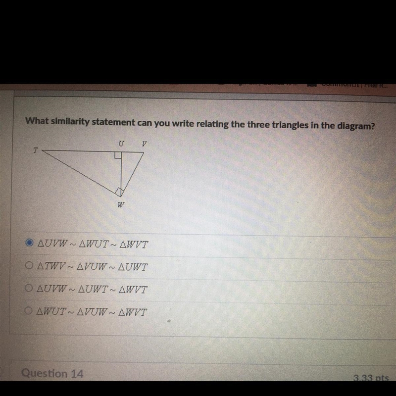 What similarity statement can you write relating the three triangles in the diagram-example-1