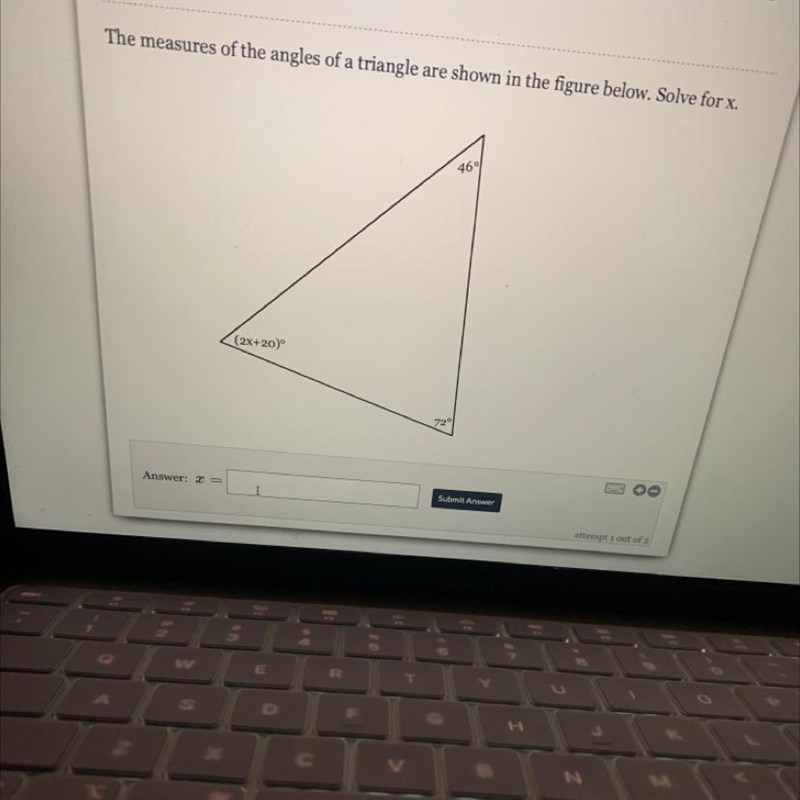 The measures of the angles of a triangle are shown in the figure below. Solve for-example-1