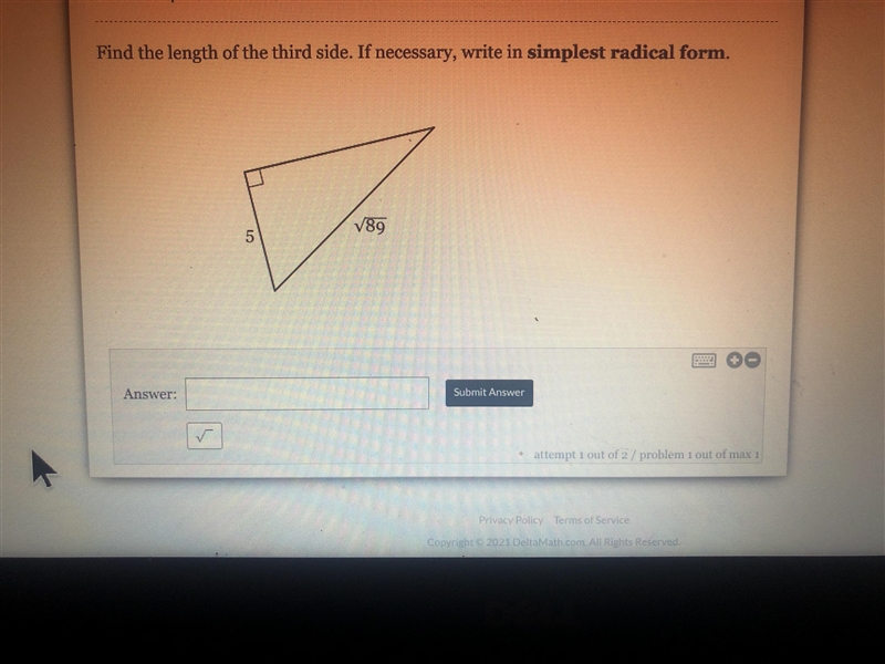 Find the length of the third side. If necessary, write in simplest radical form.-example-1