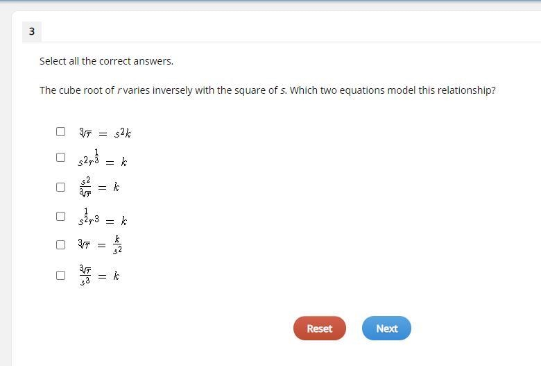 The cube root of r varies inversely with the square of s. Which two equations model-example-1