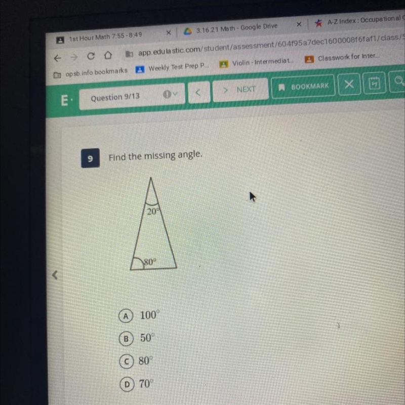 9 Find the missing angle. 20" 80° 100° 50 80° 70°-example-1