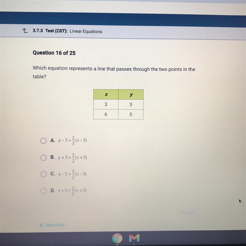 Which equation represents a line that passes through the two points in the table? A-example-1