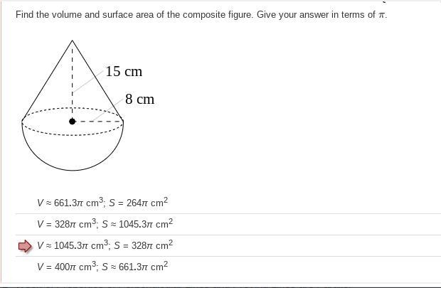 PLEASE HELP!!!!! Find the volume and surface area of the composite figure. Give your-example-1