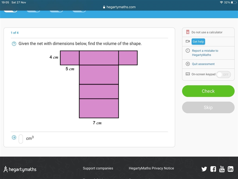 Given the net of dimensions below find the volume of the shape-example-1