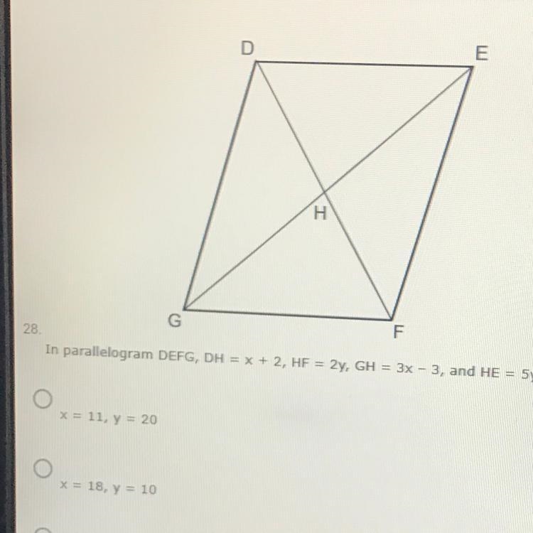 In parallelogram DEFG DH=x+2 HF=2y GH=3x-3 and HE=5y+1. Find the values of x and y-example-1