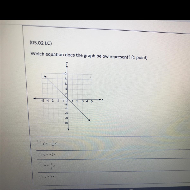 5.02 Which equation does the graph below represents? 1. y = -1/2x 2. y = -2x 3. y-example-1